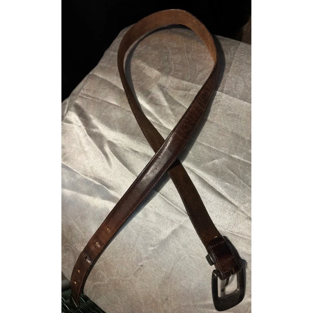 Vintage Brown Leather Western Belt Silver Engraved Buckle Metal Tip 39 Inch